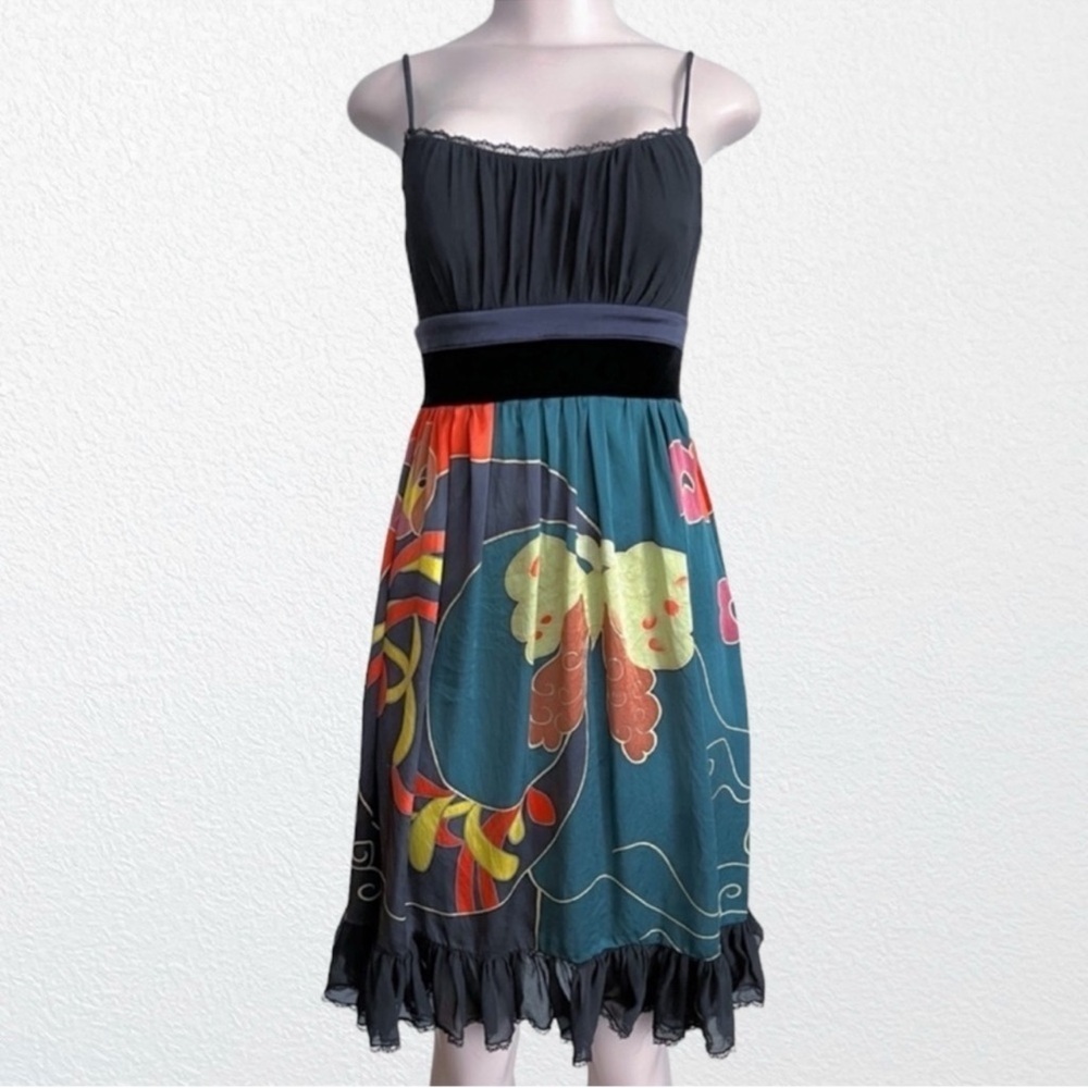 Sue Wong Ruffle Silk Strappy Dress Black Floral Botanical Print SZ 0 - Picture 2 of 11